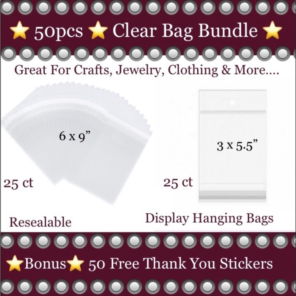 50pcs Bundle 25ct (6x9”) & 25ct (3x5-1/2”)Clear Cello Bags w/50ct Free Stickers